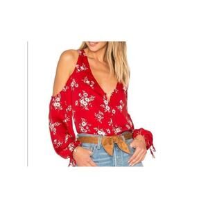 Revolve L’Academie VNeck Cold Shoulder Top Red Floral Top Size Small